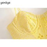 Yipinpay Women Yellow Lace Trim Spaghetti Strap Bodycon Mini Dress Romantic Lady Backless Sleeveless Party Club Sexy Dress