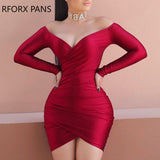 Yipinpay Women Chic Solid Off Shoulder Long Sleeves Wrap Mini Bodycon Party Red Dress