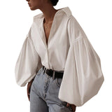 Yipinpay Women Solid Color Blouses, Lapel Neck Lantern Sleeve Buttons Shirts, Spring Fall Tops Daily Wear