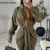 Yipinpay Women Solid Casual Chic Button Sashes Long Sleeves Shirring  Maxi Sexy Dresses