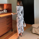 Yipinpay Femme Spring Slim Sexy Retro Print High Slit Dress Women Wrap Hip O Long Sleeve Elegant Chinese Style Fashion Clothes