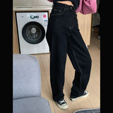 yipinpay High Waist Women Black Jeans Korean Fashion Streetwear Wide Leg Jean Female Denim Trouser Straight Baggy Mom Denim Pants