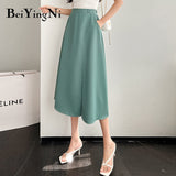 yipinpay Elastic Waist Midi Skirt Women Green Summer Lining Pocket Buttons Leisure Vintage A-line Long Skirts for Woman Clothes