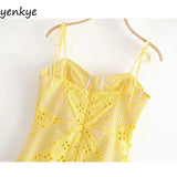 Yipinpay Women Yellow Lace Trim Spaghetti Strap Bodycon Mini Dress Romantic Lady Backless Sleeveless Party Club Sexy Dress
