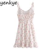 Yipinpay Strap Sexy Dress Women Sweet Ruffle Floral Print Dress Female Backless Sleeveless V Neck A-line Summer Chiffon Dress