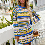 Yipinpay Women Colorful Knitted Dress Women's Sexy Bodycon Mini Dress Bohemian Long Sleeve Crew Neck Hollow Out Dress