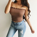 Yipinpay Women Crop Top Tube Top 2023 Summer Fashion Strapless Women T Shirt Slim Wasit Skinny Summer Top Pure Color Ruffles Camis