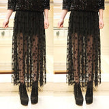 Yipinpay New Women Mesh Dot Skirts Summer High Waist Two Fake Piece Skirts See Through Black Maxi Tulle Lace Long Skirts One Size