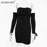 Yipinpay MO Women Bandage Bodycon Dresses 2023 Autumn Off Shoulder Long Sleeve Ruched Dress White Backless Short Party Vestidos