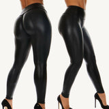 Yipinpay Women Black Wet Look Faux Leather Moto PU High Waist Legging Clubwear  Pants Slim Push Up Long Ladies Sex Skinny Leggings
