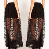 Yipinpay New Women Mesh Dot Skirts Summer High Waist Two Fake Piece Skirts See Through Black Maxi Tulle Lace Long Skirts One Size