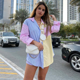 Yipinpay Women‣s Fresh Girlish Style Button Down Oversized Shirts Long Sleeve Striped Print Color Block Loose Tops