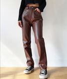 Yipinpay Faux Leather Straight-Leg Pants Fall Winter Fashion Women High Waist Button Up Trousers Solid Color PU Pants Streetwear