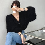 Yipinpay Autumn Sweet Sexy V Neck Mohair Pink Knitted Sweater Crop Long Sleeve Cardigan Temperament Elegant All-match Solid