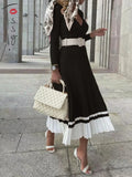 Yipinpay Women Ribbed V-neck Fold Knitted Max Dress Ladies Skinny Sexy A-line Dresses Two Color Patchwork Elegant Chic Vestidos