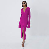 Yipinpay Autumn Winter Elegant Knit Rib Bodycon Dress Office Lady Long Sleeve Lapel Button down Midi Dress Party Casual Women Wear