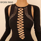 Yipinpay Women Solid Fashion Long Sleeves Hollow Out Mini Ins Bodycon Party Sexy Black Dress Set