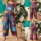 Yipinpay Women Casual Floral Print Strappy Dungarees Vintage Cotton Linen Loose Party Long Harem Overalls Rompers Jumpsuits