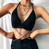 Yipinpay Women Sexy Sheer Crop Top Mesh T Shirt New Long Sleeve Cover Up T-Shirt V Neck Sleeveless Tie Up Camisole With Cross Chain Strap