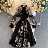 Yipinpay High Quality Elegant Party Dress Women Korean Design Long Sleeve A-line Dress 2024 Spring Mesh Embroidery Flower Dress