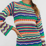 Yipinpay Women Colorful Knitted Dress Women's Sexy Bodycon Mini Dress Bohemian Long Sleeve Crew Neck Hollow Out Dress