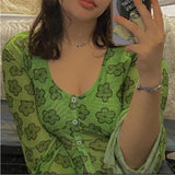 Yipinpay Floral Print Green T-shirt Y2K Aesthetics Mesh Buttons Flare Sleeve Crop Tops 90s Women Vintage Clothes Summer Tee