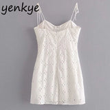 Yipinpay Women Openwork Floral Embroidery Sleeveless Sling White Sexy Romantic Night Out Party Mini Dress Short robe