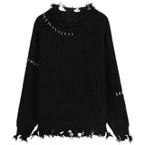 Yipinpay Femme Lazy Loose Irregular Tassels Black Ripped Sweater Women Jumpers Vintage Casual O Neck Long Sleeve Hole Knit Top