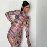 Yipinpay Sexy Printed Long Dress Women Turtleneck Full Sleeve Bodycon Summer Dress 2023 Femme Hollow Out Party Slim Maxi Dresses