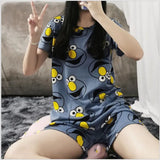 Yipinpay Women Pajamas 2024 Summer New Milk Silk Short-Sleeved Loose Sleepwear Girl Cute Sexy Nightie Casual Cartoon Home Wear