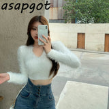 Yipinpay Temperament Grey Chain Tassel V Neck Sweaters Short Slim Knitwear Fashion Chic Korean 2023 Autumn White Bottom Shirts Tops Wild