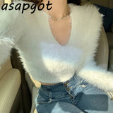 Yipinpay Temperament Grey Chain Tassel V Neck Sweaters Short Slim Knitwear Fashion Chic Korean 2023 Autumn White Bottom Shirts Tops Wild