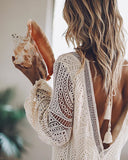 Yipinpay Lace Crochet Hollow White Dress for Women Ladies Vintage Long Sleeve V-Neck Slim Pencil Dress Fashion Dress Backless