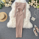 Yipinpay Slash Neck Knitted Dress Women Sexy Off Shoulder Cross Elastic Warm Dress Autumn Winter Fashion Sweater Bodycon Dress
