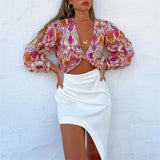 Yipinpay 2023 Knot Floral Top Women Vintage Print Crop Top Female Long Puff Sleeve Summer Blouses Fashion Beach Chic Woman Blouse
