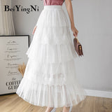 Yipinpay Lace Tulle Skirt Women Solid Summer Long White Black Tutu Skirts A Line Skirt Laides Elegant High Waist Elastic Faldas