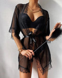 Yipinpay Polka Dot Lace Sheer Robes Sleepwear for Women Long Sleeve Lace Ruched Hem Sleep Dress Female See Through Mesh Underwear