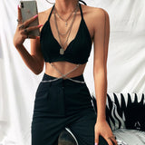 Yipinpay Women Sexy Sheer Crop Top Mesh T Shirt New Long Sleeve Cover Up T-Shirt V Neck Sleeveless Tie Up Camisole With Cross Chain Strap