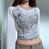 Yipinpay Women Vintage White Crop Top Clothes y2k Fairy Grunge Diamonds Graphic Print Crop Top Autumn Long Sleeve Slim Fit Pullovers Tees