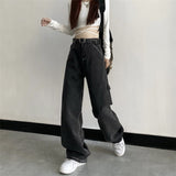 yipinpay Women Jeans Vintage High Waist Y2k Streetwear Korean Fashion Black Grey Straight Jean Pants Ladies Baggy Wide Leg Denim Trousers