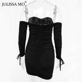 Yipinpay MO Women Bandage Bodycon Dresses 2023 Autumn Off Shoulder Long Sleeve Ruched Dress White Backless Short Party Vestidos