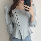 Yipinpay Femme Korean Chic Autumn Retro High Waist Puff Long Sleeve Square Collar Shirts Temperament Top Slim Blusas Camisas