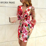 Yipinpay Floral Print Twisted Waist Midi Dress Elegant Night Out Bodycon Party Dress