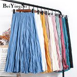 yipinpay High Waist Women's Skirt Solid Color Streetwear Leisure Simple Harajuku Pleated Midi Skirts White Faldas Mujer Saias