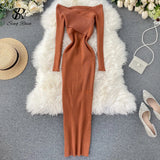 Yipinpay Slash Neck Knitted Dress Women Sexy Off Shoulder Cross Elastic Warm Dress Autumn Winter Fashion Sweater Bodycon Dress