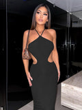 Yipinpay Mo Halter Hollow Out Dress For Women Sexy Sleeveless Backless Club Party Cutout Bandage Elegant Dresses Clothes 2023