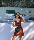 Yipinpay Color Spaghetti Strap Satin Dress Sexy Women Sleeveless Slip Dress for Summer Club Party Wear Lady Mini Dress