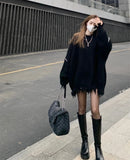 Yipinpay Femme Lazy Loose Irregular Tassels Black Ripped Sweater Women Jumpers Vintage Casual O Neck Long Sleeve Hole Knit Top