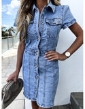 Yipinpay Arrival Retro Denim Dress For Women Summer Short Sleeve Slim Jeans Dress Fashion Casual Stretch Dress Office Ladies Clothing