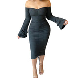 Yipinpay Dress Fall Winter Clothes 2023 Off Shoulder Sexy Bodycon Long Sleeve Ruched Sheath Dress with Drawstring Prom Night Club